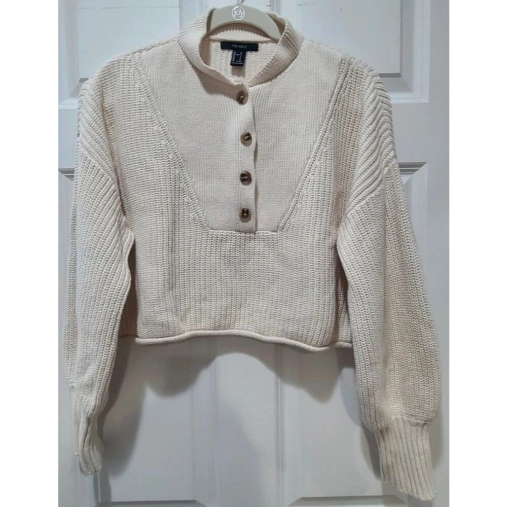 Forever 21 Cream Knit Cropped Henley Sweater Small